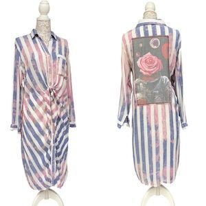 The Nu Vintage Striped Button Down Shirtdress, Astronaut Rose Graphic Back, Sz M